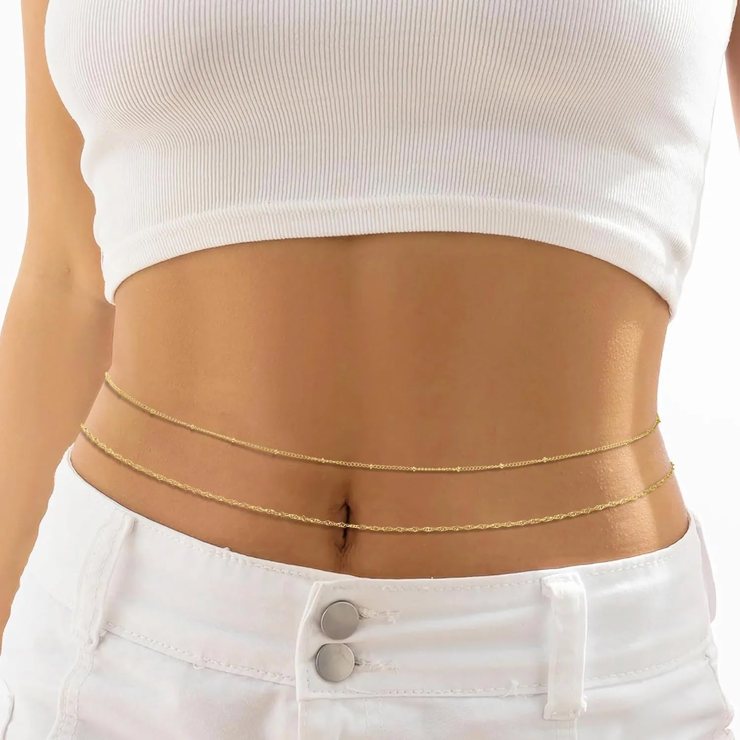 14K Gold Waist Chain for Women, 2Pcs Adjustable Pearl Beads Body Chain, Sexy Layered Summer Beach Bikini Belly Jewelry Accessories