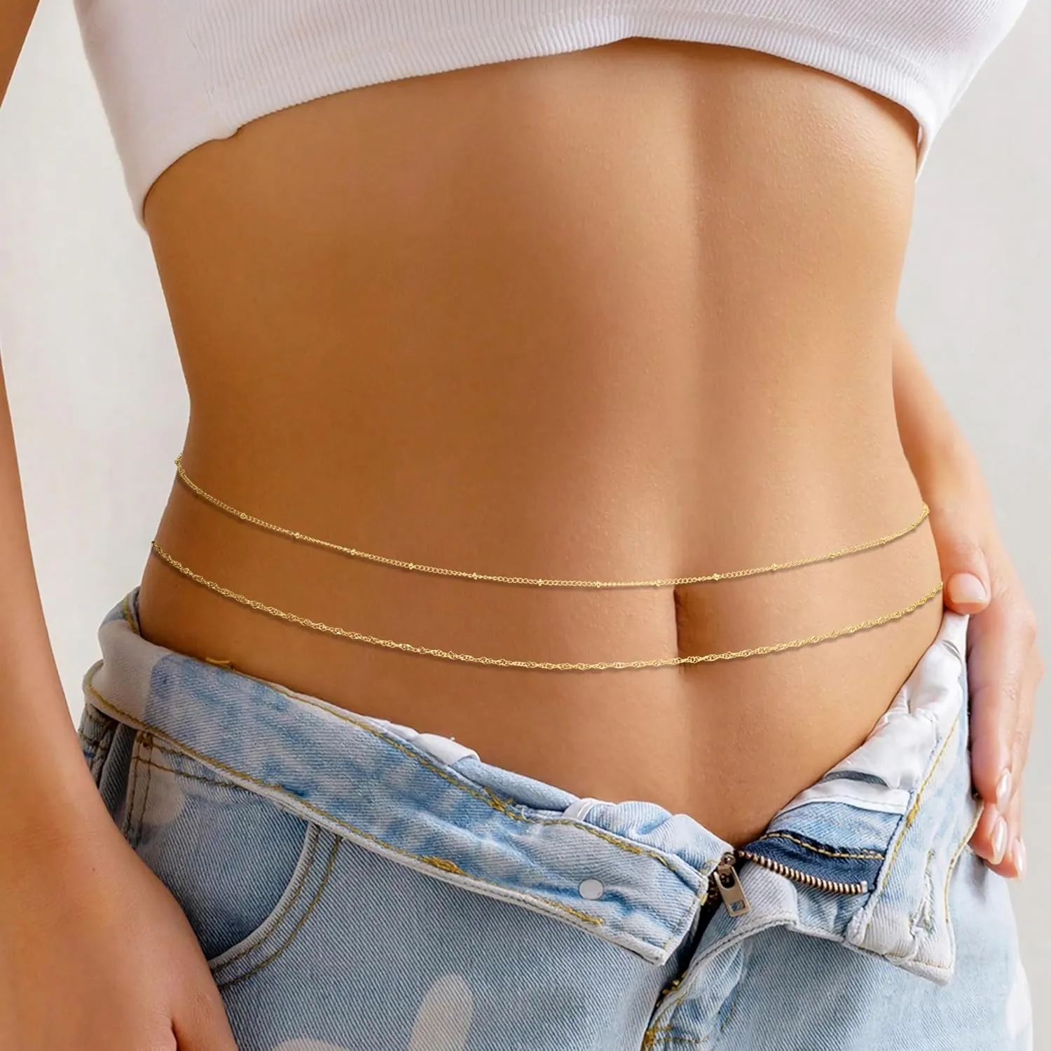 14K Gold Waist Chain for Women, 2Pcs Adjustable Pearl Beads Body Chain, Sexy Layered Summer Beach Bikini Belly Jewelry Accessories