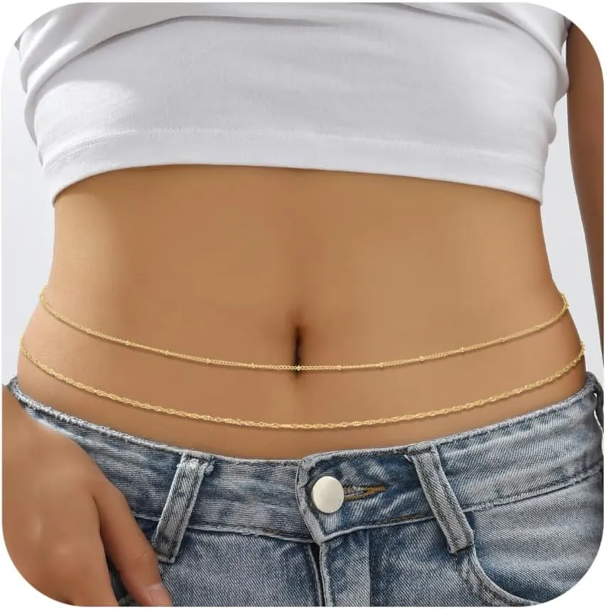 14K Gold Waist Chain for Women, 2Pcs Adjustable Pearl Beads Body Chain, Sexy Layered Summer Beach Bikini Belly Jewelry Accessories
