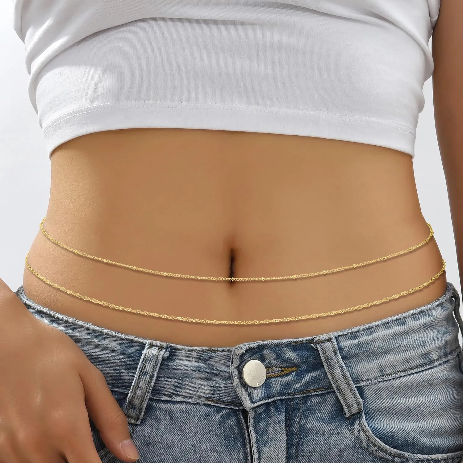 14K Gold Waist Chain for Women, 2Pcs Adjustable Pearl Beads Body Chain, Sexy Layered Summer Beach Bikini Belly Jewelry Accessories