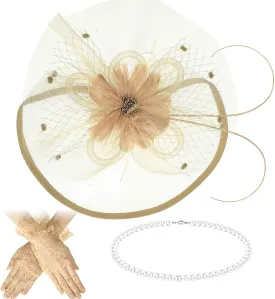 3 Pieces Fascinators Hats for Women Tea Party Hat Feathers Veil Mesh Hat Lace Gloves Pearl Choker Necklace Set for Wedding