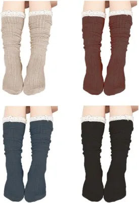 4 Pack Women Cotton Knit Boot Socks Knee High Socks Stockings with Lace Trim (Beige, Dark Grey, Black, Brown)