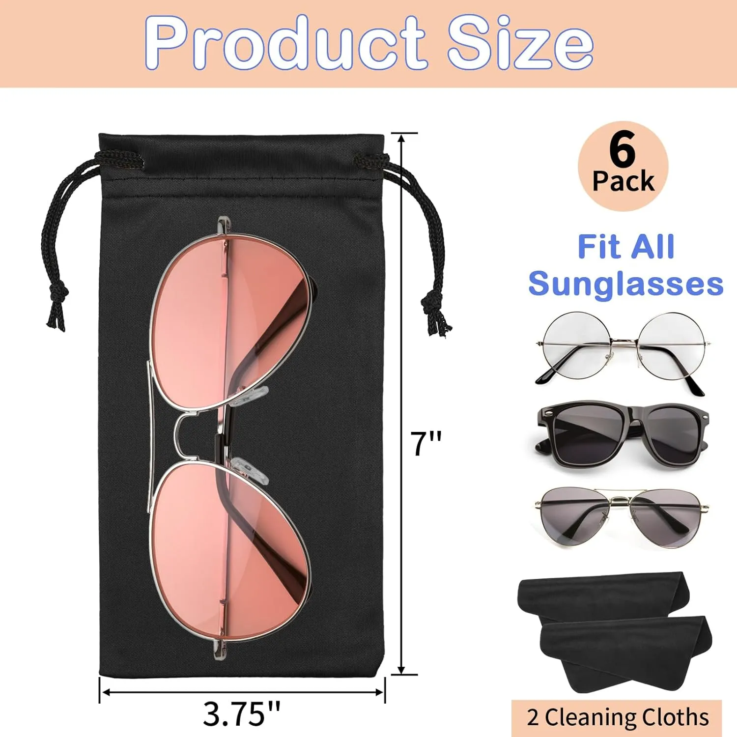 6 Pcs Microfiber Glasses Sunglasses Pouch with 2 Cleaning Cloths, Soft Drawstring Storage Bag for Phone, Eyeglass Case