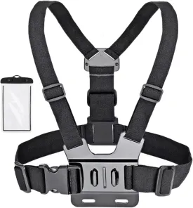 Adjustable Chest Mount Harness Compatible with GoPro Hero 12 11 10 9 8 7, DJI Action, with Waterproof Phone Pouch, Hands-Free Strap for Skiing, Biking, Hiking, Travel & Outdoor Sports