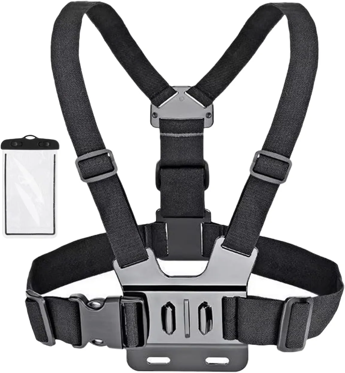 Adjustable Chest Mount Harness Compatible with GoPro Hero 12 11 10 9 8 7, DJI Action, with Waterproof Phone Pouch, Hands-Free Strap for Skiing, Biking, Hiking, Travel & Outdoor Sports