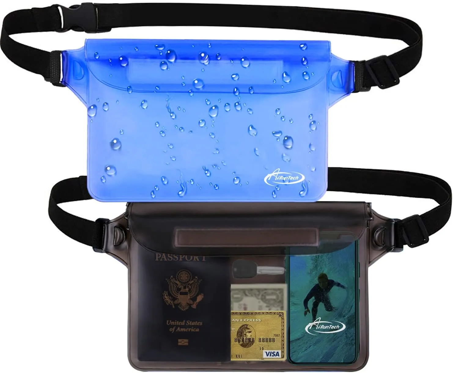 AiRunTech Waterproof Pouch with Waist Strap (2 Pack) | Beach Accessories Best Way to Keep Your Phone and Valuables Safe and Dry | Perfect for Boating Swimming Snorkeling Kayaking Beach Pool