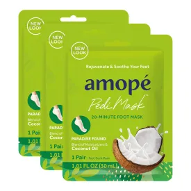 Amop Pedi Mask 20-Minute Foot Mask, Intensely Moisturizing Socks, Paradise Found with Coconut Oil, Urea & Vitamin Complex for Long Lasting Hydration, No Added Fragrance, 3 pair (Packaging May Vary)