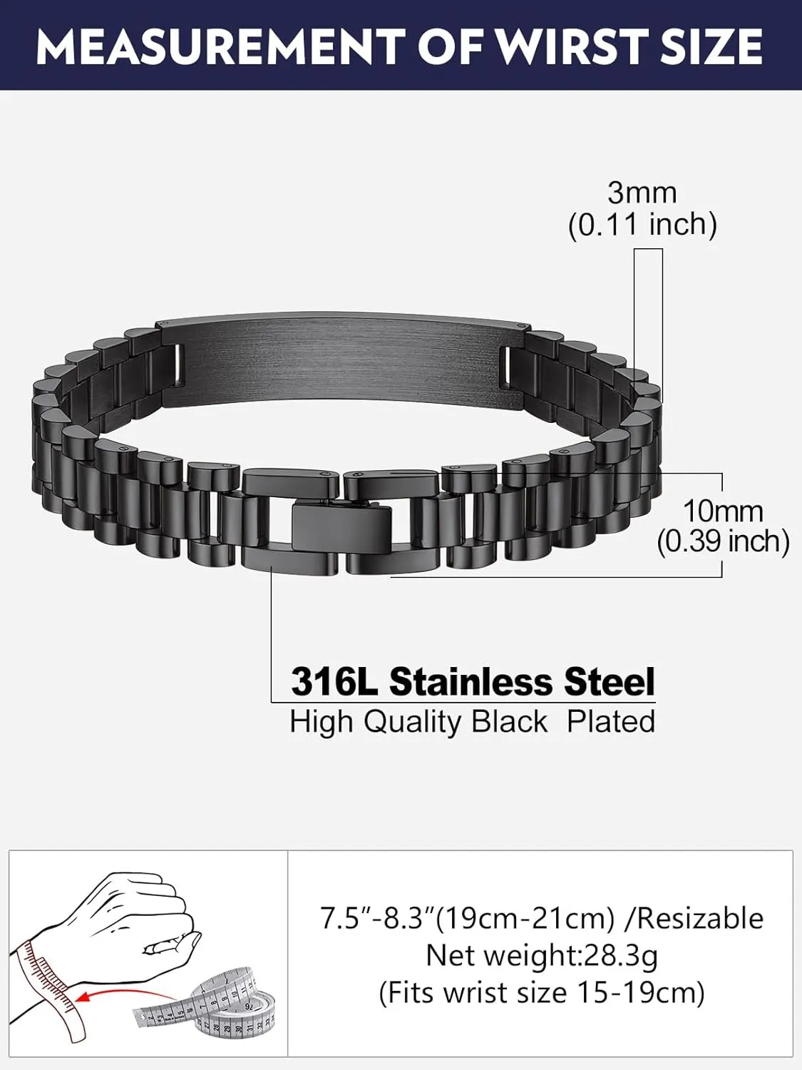 Bandmax Stainless Steel Watch Strap Link Chain Bracelets 10MM/15MM Waterproof Chic Chunky Fake Watch Hand Chain Wristbands Gift for Men Women, Custom Available