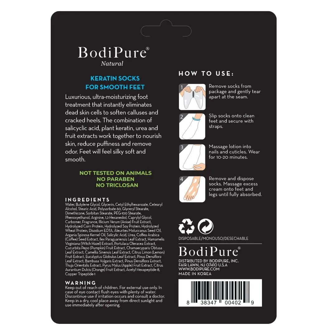 Bodipure Premium Foot Mask Keratin Socks, At Home Spa Moisturizer Socks for Dry Cracked Feet, Callus & Heel Softening Easy-to-Use Pedicure Foot Repair Chemical-free Feet Treatment 1 Pair