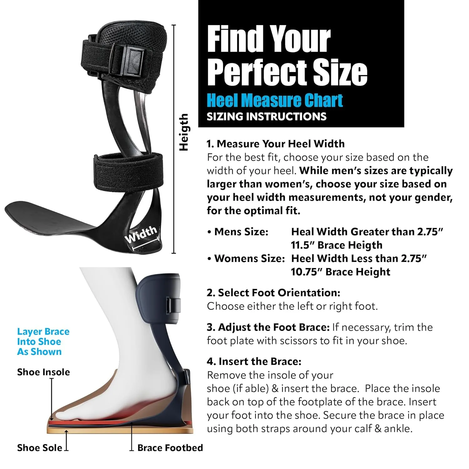 Brace On AFO S-Type - Drop Foot Stabilizer Brace, Moldable, Trimmable, Lightweight Polyethylene, Drop Foot Braces for Men, AFO Brace and Foot Drop Braces, Foot Boot for Injured Foot, Men, Left