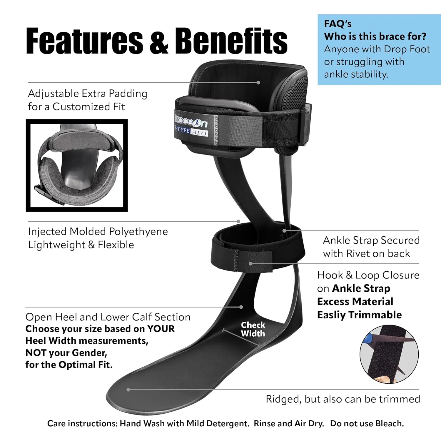 Brace On AFO S-Type - Drop Foot Stabilizer Brace, Moldable, Trimmable, Lightweight Polyethylene, Drop Foot Braces for Men, AFO Brace and Foot Drop Braces, Foot Boot for Injured Foot, Men, Left