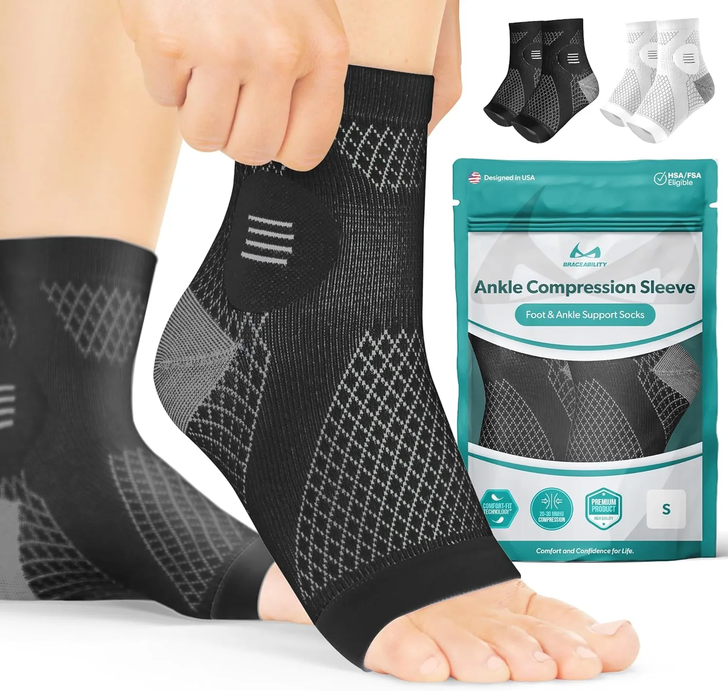 BraceAbility Ankle Compression Socks Support Sleeve  (1 Pair) Foot Brace for Plantar Fasciitis Relief, Achilles Tendonitis, Arthritis, Sprained Ankle Wrap for Women or Men (S - Black)