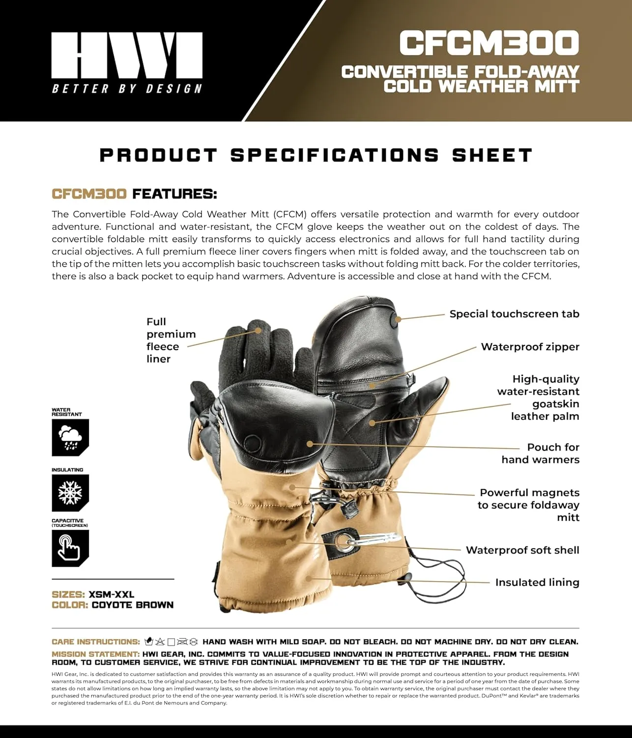 CFCM Convertible Fold-Away Cold Weather Mitt Transforms to Gloves, Water-Resistant, Touchscreen Capable