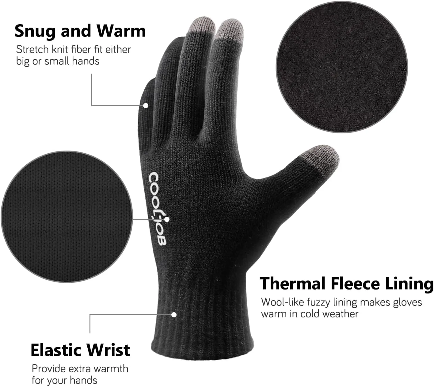 COOLJOB Warm Fleece Knit Winter Gloves for Men Women, Touch Screen Fingers, Non-slip Silicone Grip and Elastic Cuff