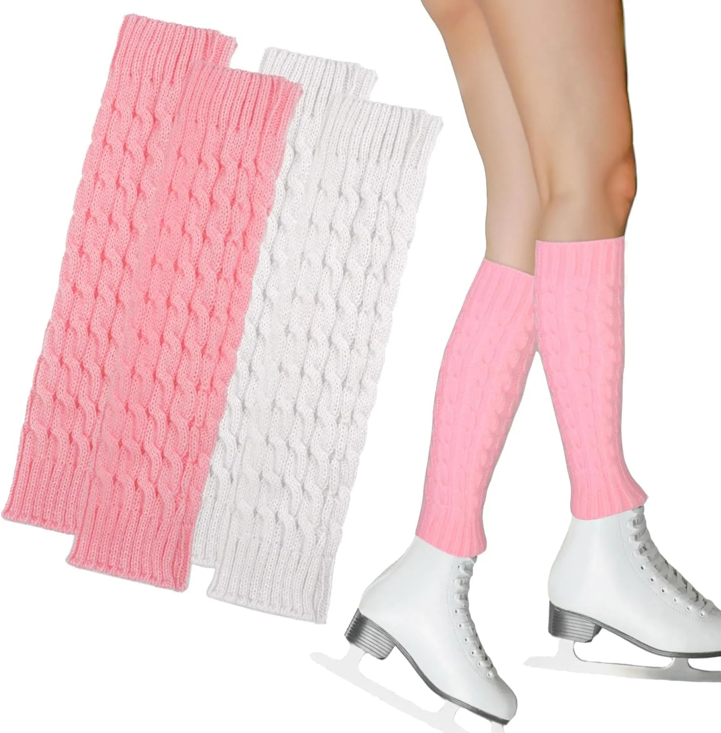 Cosmos 2 Pairs Ice Skating Leg Warmers Calf Socks Fashion Stretch Knitted Leg Warmers Figure Skating Leg Warmer for Women Skating Long Boot Wear (White & Pink)