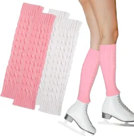 Cosmos 2 Pairs Ice Skating Leg Warmers Calf Socks Fashion Stretch Knitted Leg Warmers Figure Skating Leg Warmer for Women Skating Long Boot Wear (White & Pink)