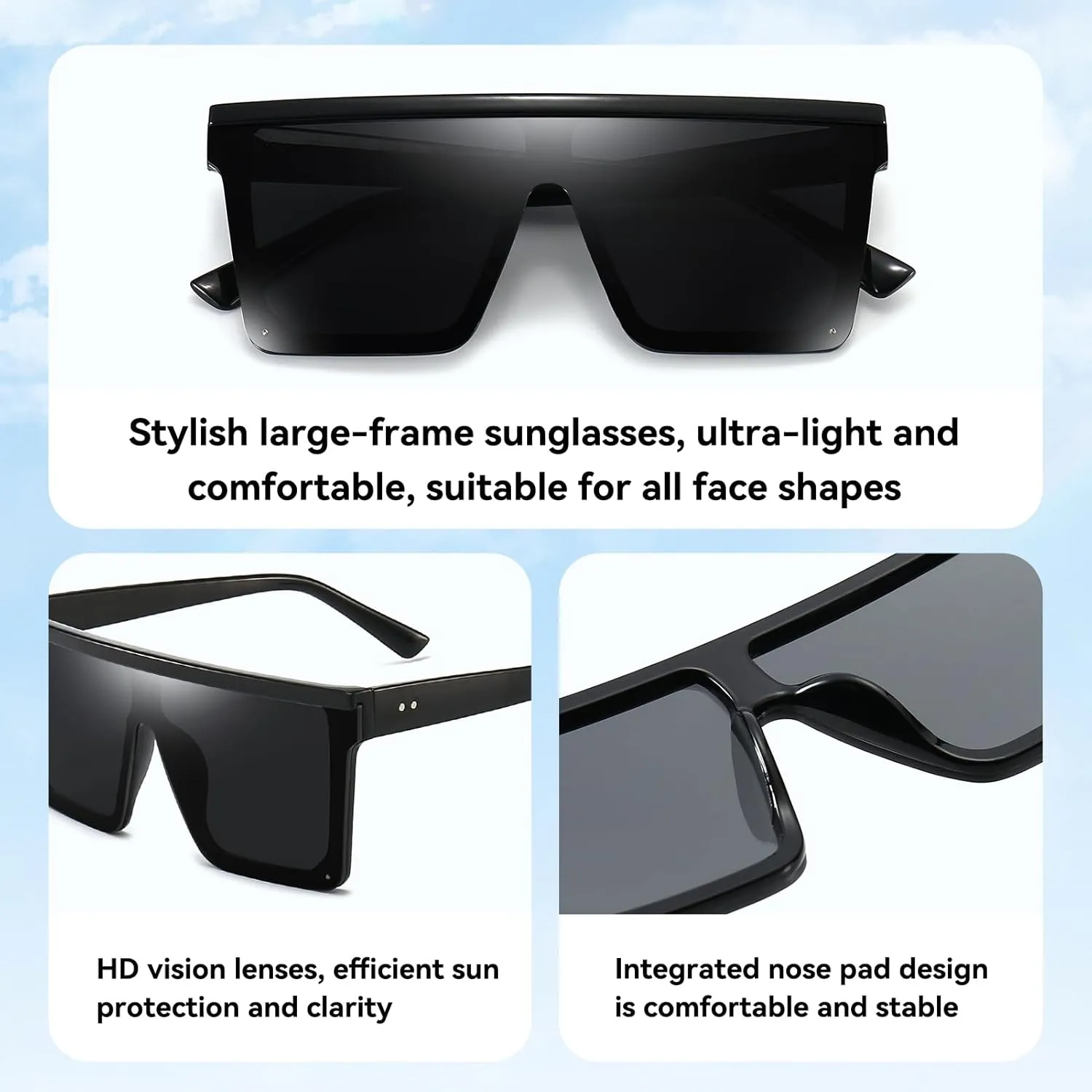 Dollger Square Oversized Sunglasses for Women Men Fashion Flat Top Big Black Frame Shades