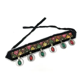 Duel On Jewel Tribal Afghan Turkman Kuchi Handmade Embroidered Fabric Headband with Antique Coins, Multicolor Stones, and Beaded Pearl Trim, 12-Inch Band - Belly Dance Costume Style - Turkman Kuchi
