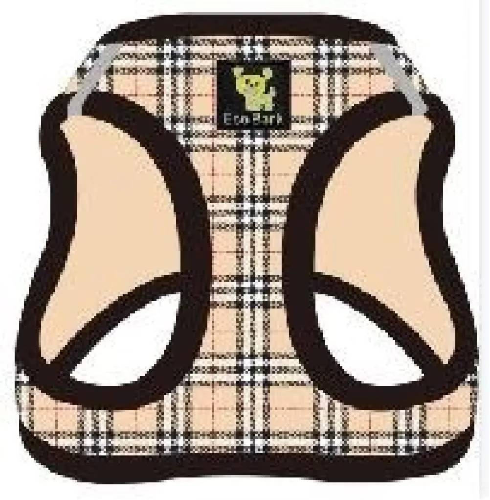 EcoBark Step in Dog Harness - Eco-Friendly Teacup Dog Harnesses for XXS, XS, and Small Dogs - Reflective and Adjustable Mini Body Halter Vest -Tiny Soft Mesh Toy Breed Harness (Beige Plaid, XS)