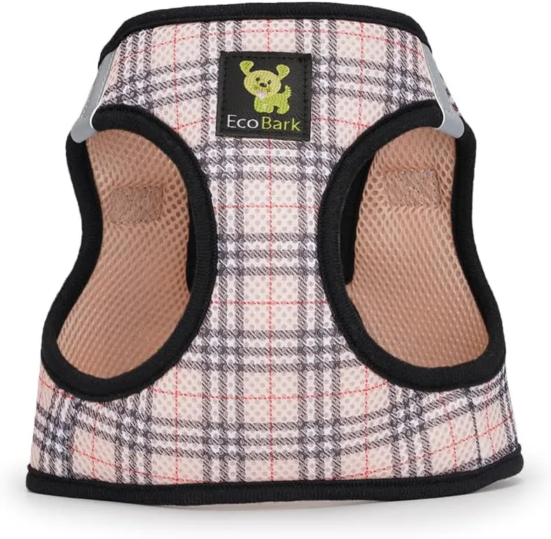 EcoBark Step in Dog Harness - Eco-Friendly Teacup Dog Harnesses for XXS, XS, and Small Dogs - Reflective and Adjustable Mini Body Halter Vest -Tiny Soft Mesh Toy Breed Harness (Beige Plaid, XS)