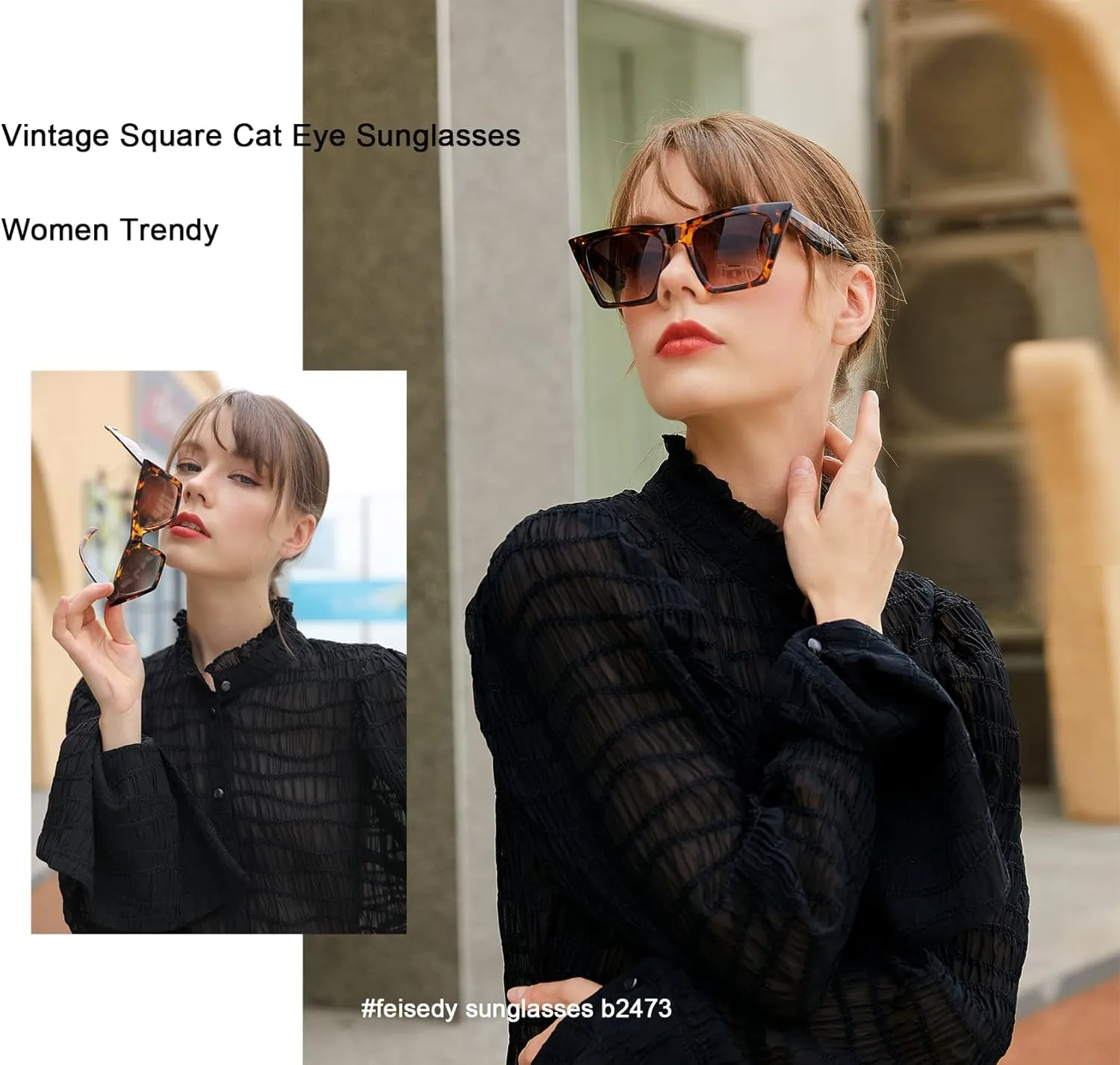FEISEDY Vintage Square Cat Eye Sunglasses Women Trendy Cateye Sunglasses B2473