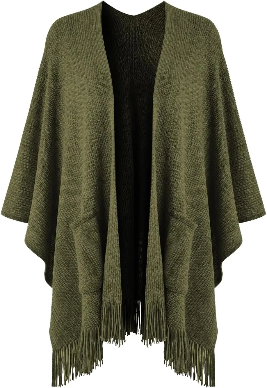 Ferand Women's Shawl Wraps with Pockets Open Front Fringe Poncho Cozy Knit Lightweight Cardigan Sweater