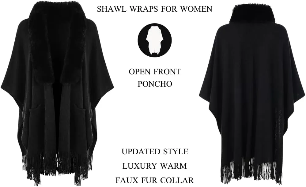 Ferand Women's Shawl Wraps with Pockets Open Front Fringe Poncho Cozy Knit Lightweight Cardigan Sweater