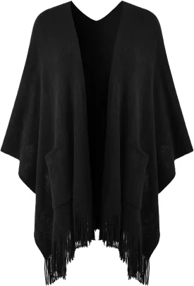 Ferand Women's Shawl Wraps with Pockets Open Front Fringe Poncho Cozy Knit Lightweight Cardigan Sweater