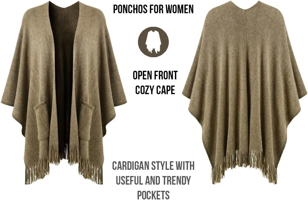 Ferand Women's Shawl Wraps with Pockets Open Front Fringe Poncho Cozy Knit Lightweight Cardigan Sweater
