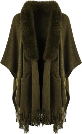 Ferand Women's Shawl Wraps with Pockets Open Front Fringe Poncho Cozy Knit Lightweight Cardigan Sweater