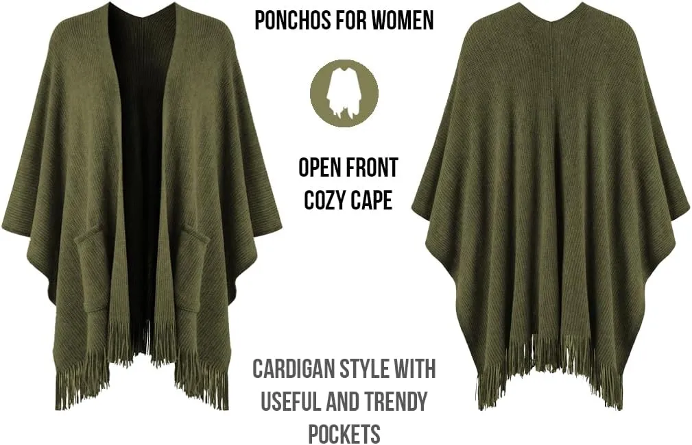 Ferand Women's Shawl Wraps with Pockets Open Front Fringe Poncho Cozy Knit Lightweight Cardigan Sweater