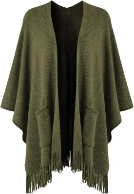 Ferand Women's Shawl Wraps with Pockets Open Front Fringe Poncho Cozy Knit Lightweight Cardigan Sweater