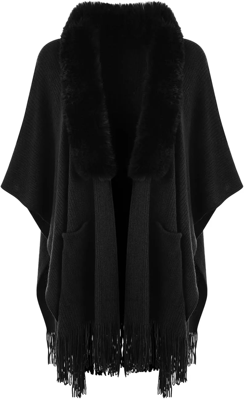 Ferand Women's Shawl Wraps with Pockets Open Front Fringe Poncho Cozy Knit Lightweight Cardigan Sweater