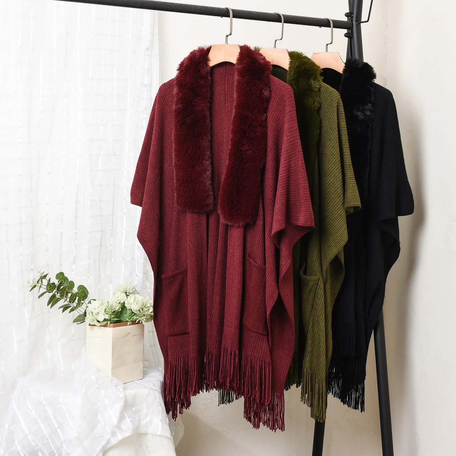 Ferand Women's Shawl Wraps with Pockets Open Front Fringe Poncho Cozy Knit Lightweight Cardigan Sweater