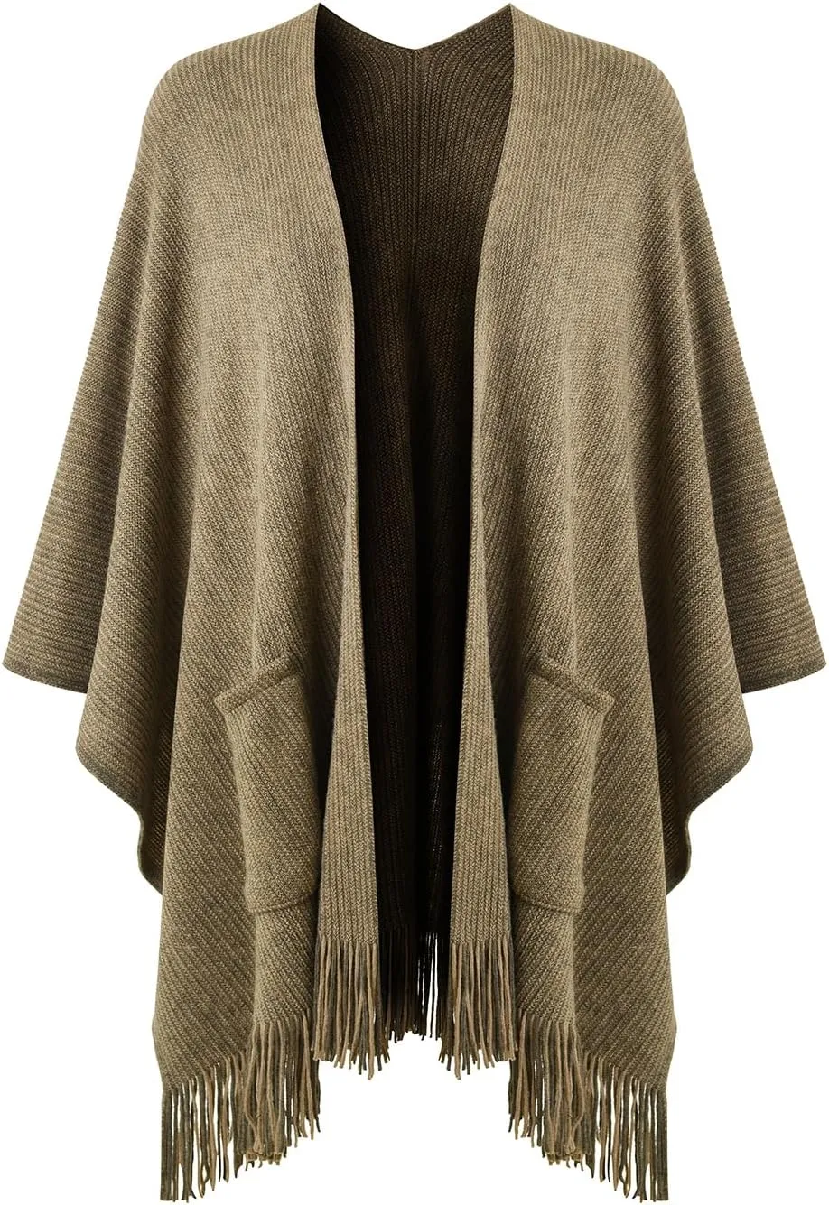 Ferand Women's Shawl Wraps with Pockets Open Front Fringe Poncho Cozy Knit Lightweight Cardigan Sweater