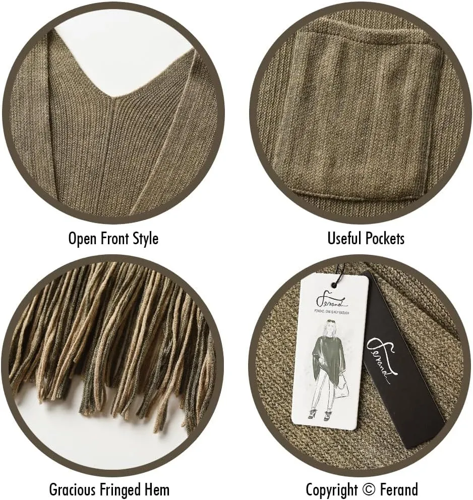 Ferand Women's Shawl Wraps with Pockets Open Front Fringe Poncho Cozy Knit Lightweight Cardigan Sweater