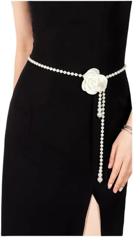 Flower Pearl Waist Chain Camellia Waist Chain Cute Pearl Dress Pendant Adjustable Flower Belt for Wedding Bridal Dress Belt for Women