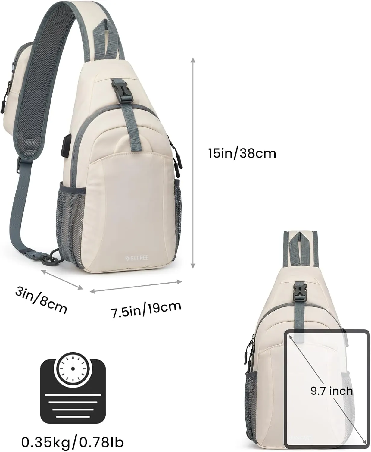 G4Free Sling Bag RFID Crossbody Sling Backpack with USB Charging Port, Travel Hiking Daypack Shoulder Chest Bag for Women Men(Ivory)