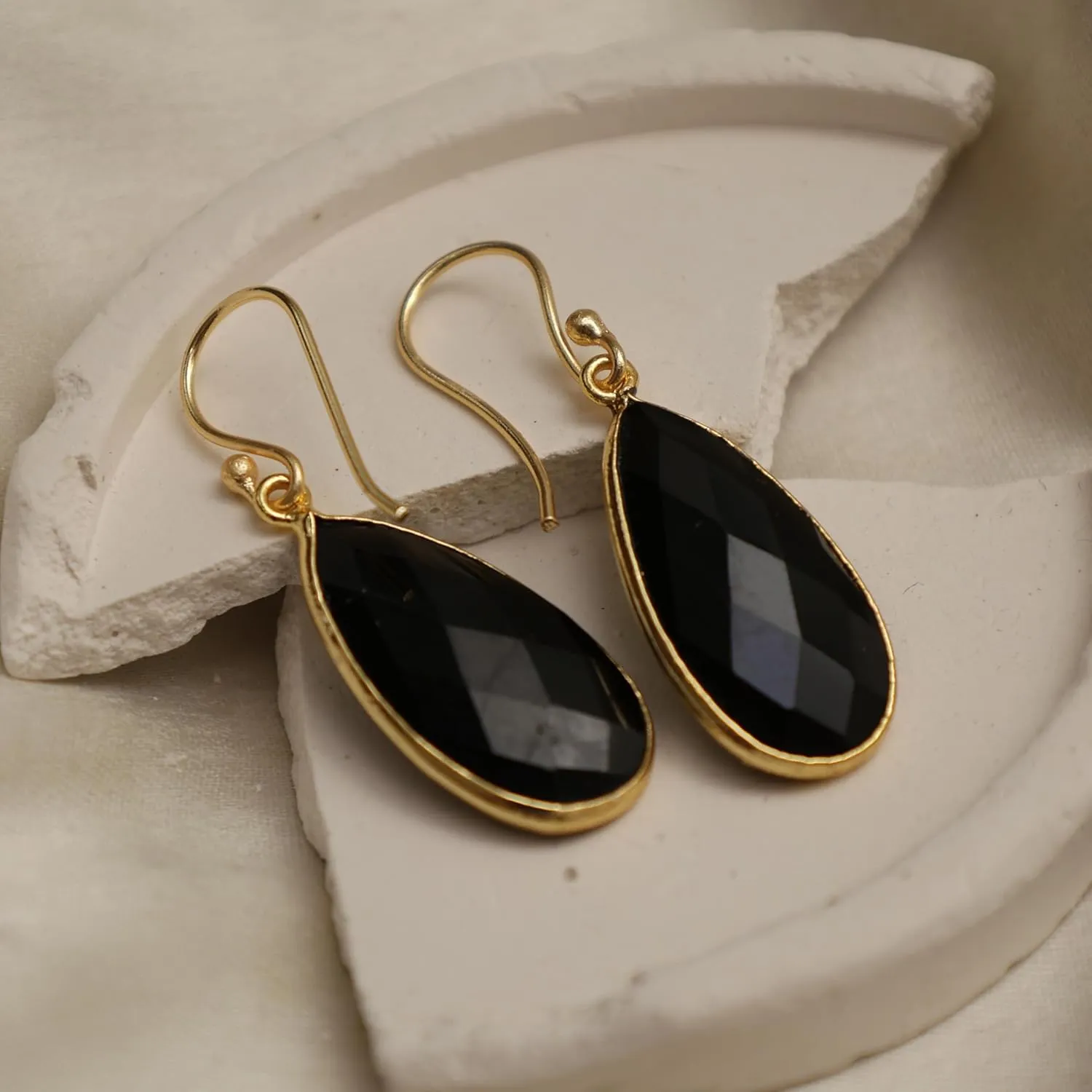 Gempires Black Obsidian Faceted Long Pear Gemstone Drop Dangle Hook Earrings, Statement Jewelry For Her, 1.5 inch Drop 14K Gold Plated, Gift For Woman (Black Obsidian)