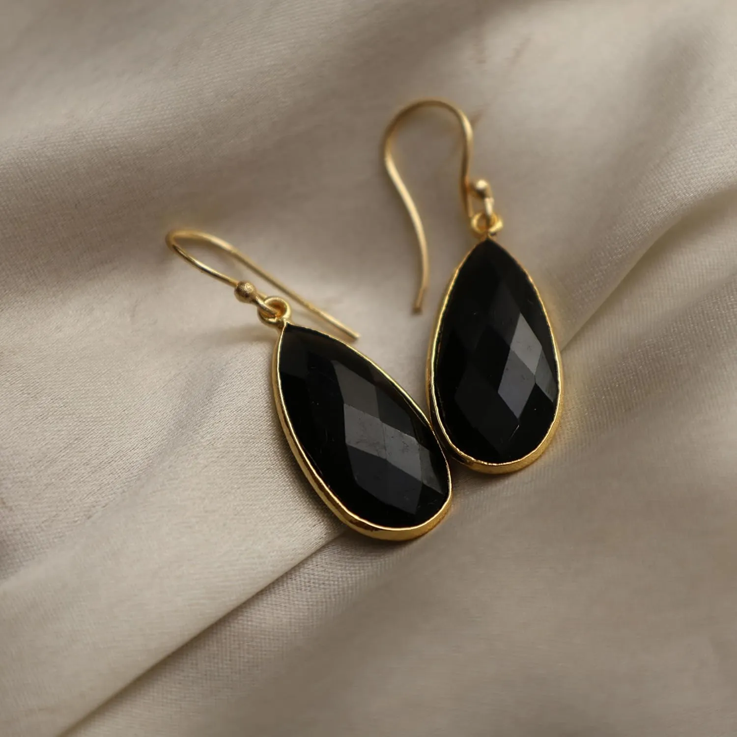 Gempires Black Obsidian Faceted Long Pear Gemstone Drop Dangle Hook Earrings, Statement Jewelry For Her, 1.5 inch Drop 14K Gold Plated, Gift For Woman (Black Obsidian)