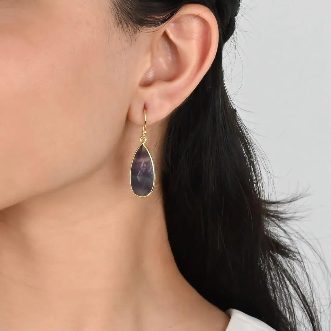 Gempires Black Obsidian Faceted Long Pear Gemstone Drop Dangle Hook Earrings, Statement Jewelry For Her, 1.5 inch Drop 14K Gold Plated, Gift For Woman (Black Obsidian)