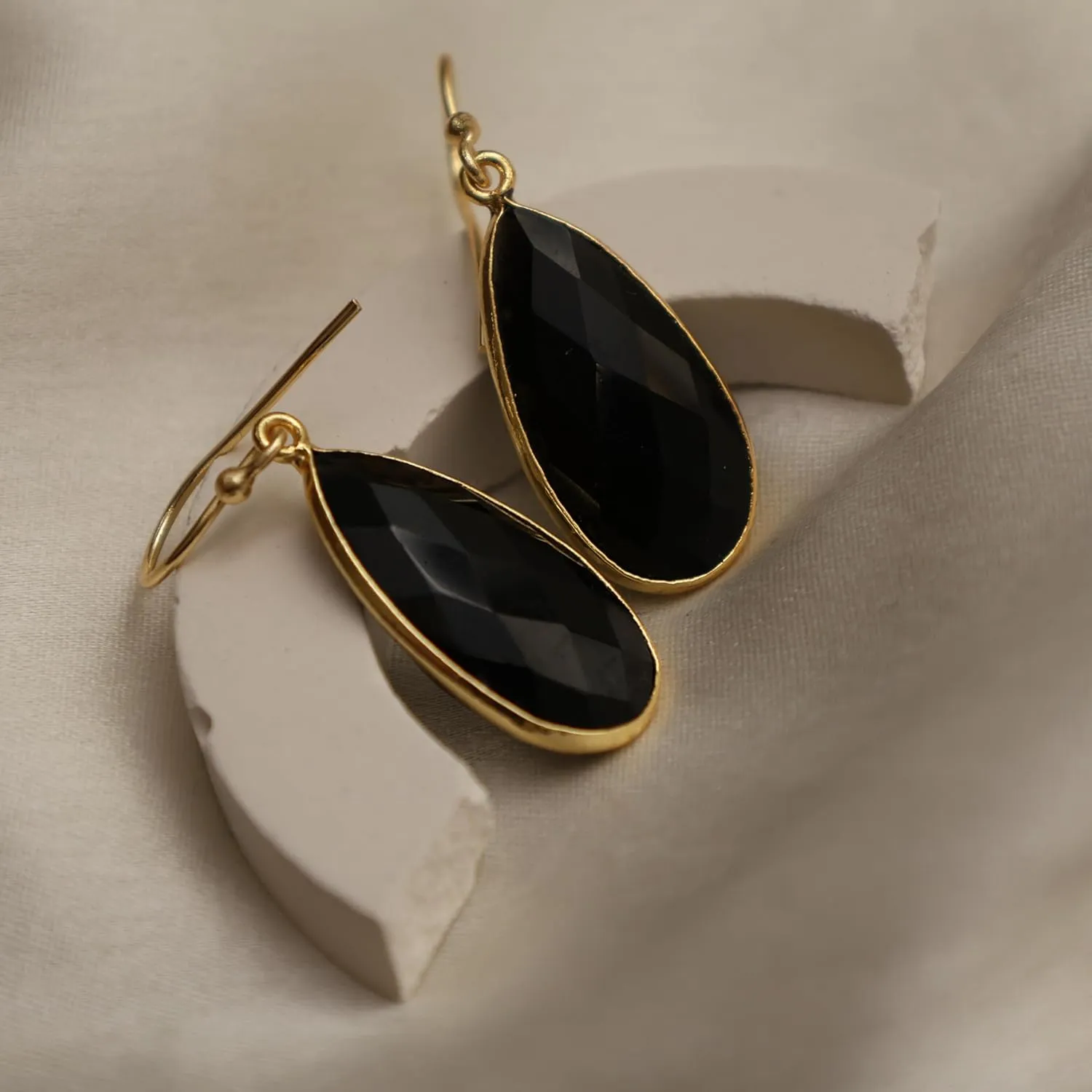 Gempires Black Obsidian Faceted Long Pear Gemstone Drop Dangle Hook Earrings, Statement Jewelry For Her, 1.5 inch Drop 14K Gold Plated, Gift For Woman (Black Obsidian)