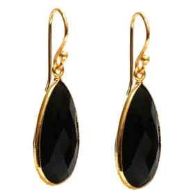 Gempires Black Obsidian Faceted Long Pear Gemstone Drop Dangle Hook Earrings, Statement Jewelry For Her, 1.5 inch Drop 14K Gold Plated, Gift For Woman (Black Obsidian)