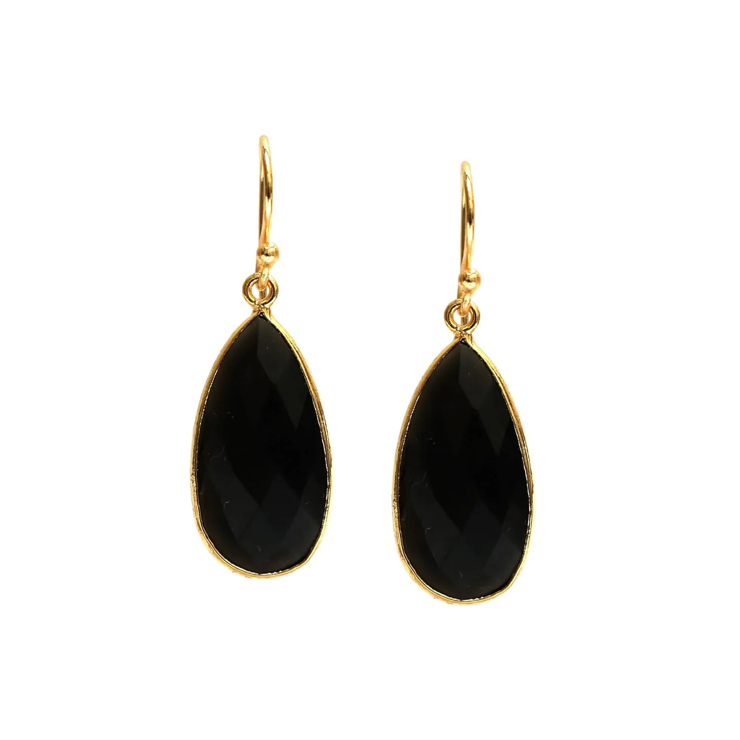 Gempires Black Obsidian Faceted Long Pear Gemstone Drop Dangle Hook Earrings, Statement Jewelry For Her, 1.5 inch Drop 14K Gold Plated, Gift For Woman (Black Obsidian)