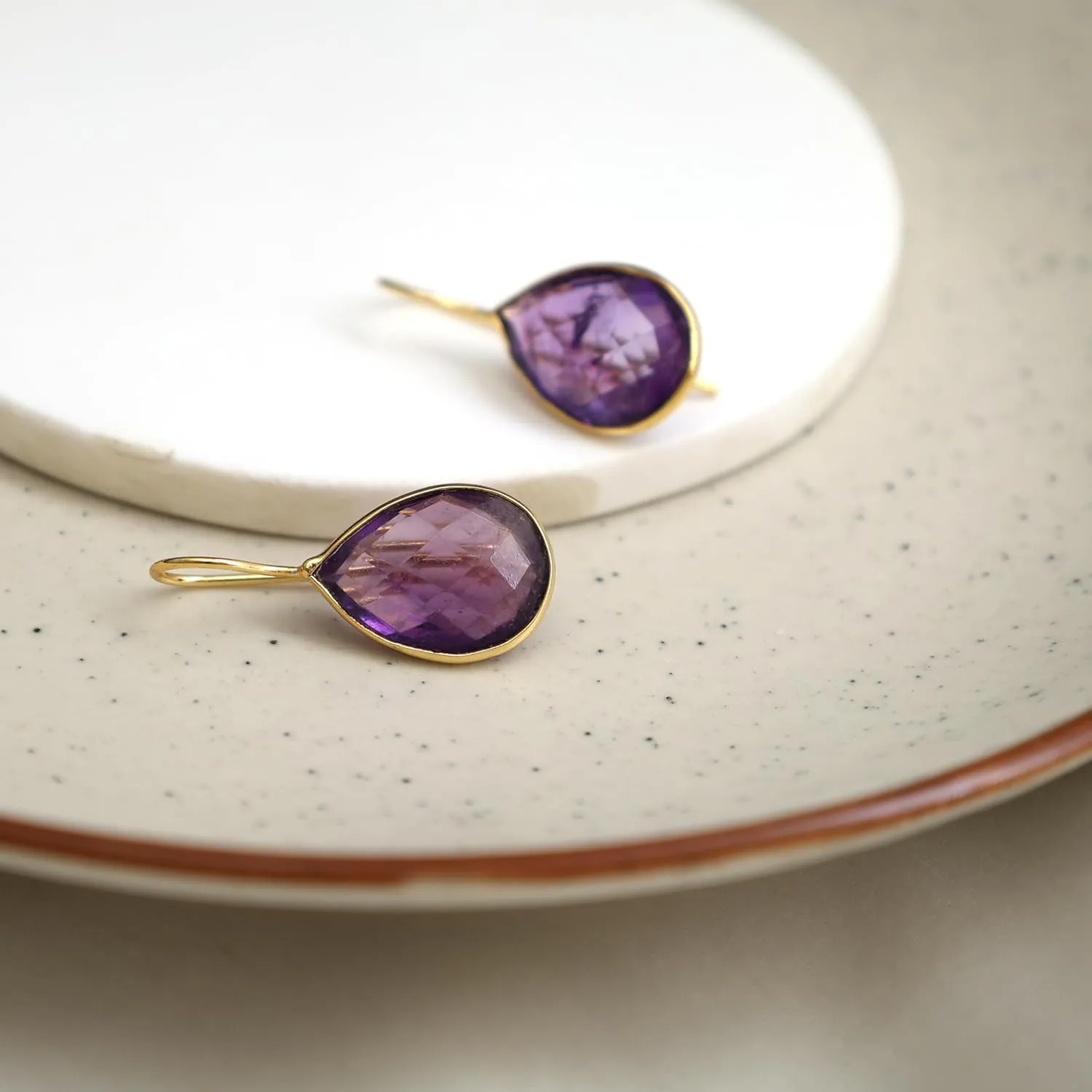 Gempires Pear Shaped Teardrop Crystal Earrings, Bezel Earring, Natural Gemstone Dangle Drop Earrings, Minimal, Everyday Wear, Gift for Her (Length 1.25 inch)