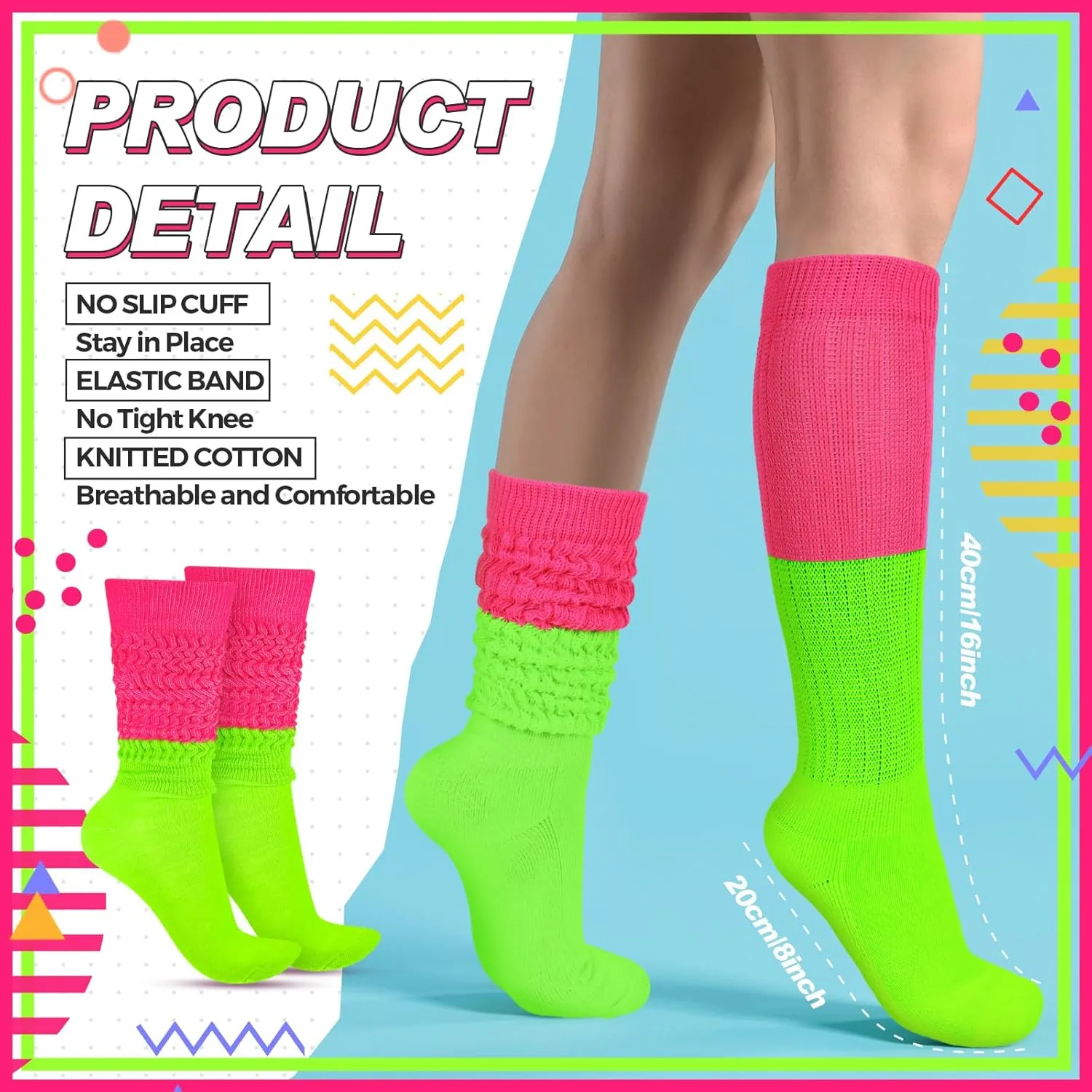 Geyoga Neon Slouch Socks,80s 90s Neon Women's Leg Warmers Extra Long Slouch Socks Soft Scrunch Knee High for Party