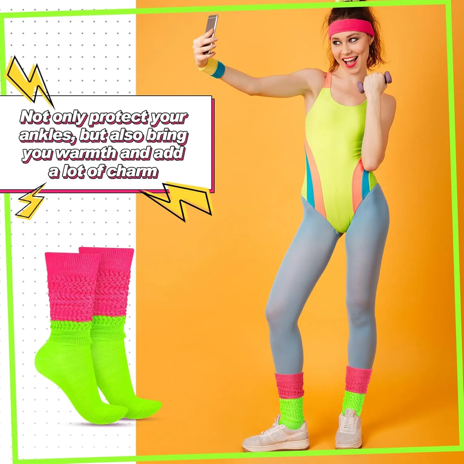 Geyoga Neon Slouch Socks,80s 90s Neon Women's Leg Warmers Extra Long Slouch Socks Soft Scrunch Knee High for Party