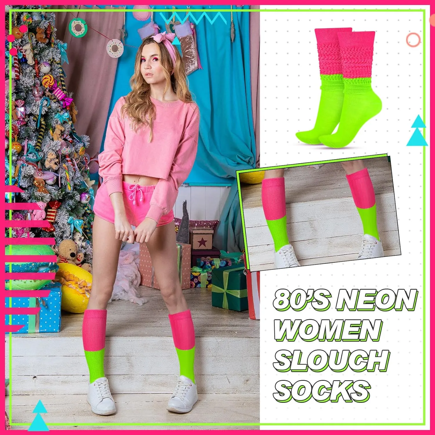 Geyoga Neon Slouch Socks,80s 90s Neon Women's Leg Warmers Extra Long Slouch Socks Soft Scrunch Knee High for Party