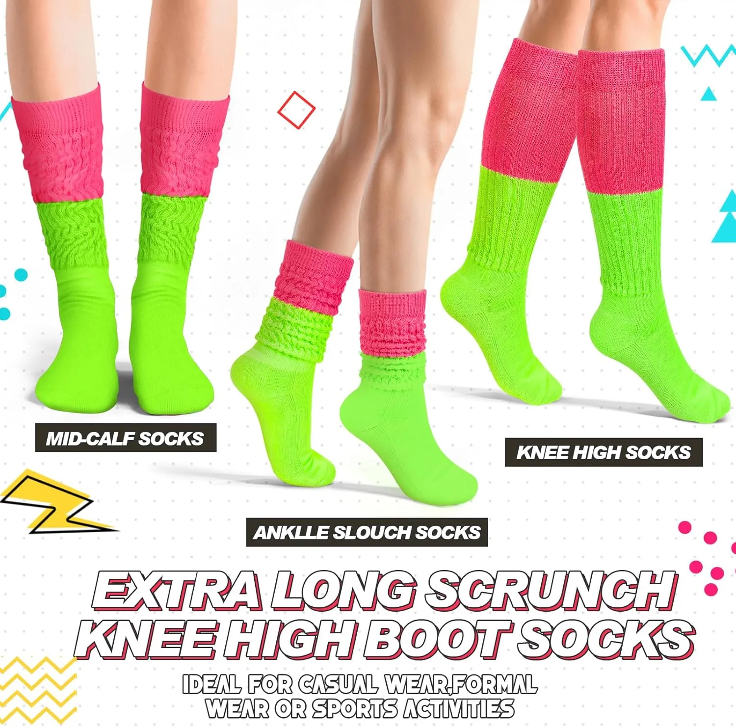 Geyoga Neon Slouch Socks,80s 90s Neon Women's Leg Warmers Extra Long Slouch Socks Soft Scrunch Knee High for Party