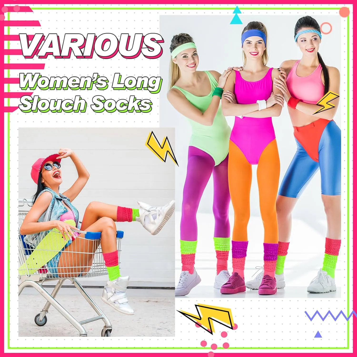 Geyoga Neon Slouch Socks,80s 90s Neon Women's Leg Warmers Extra Long Slouch Socks Soft Scrunch Knee High for Party